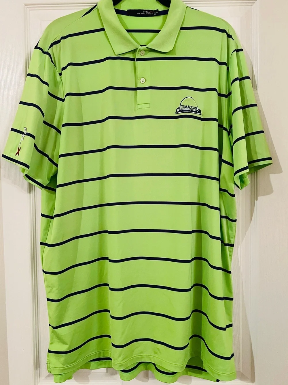 RLX Ralph Lauren Lime Green Golf Polo Navy Stripes Size XL Timacuan